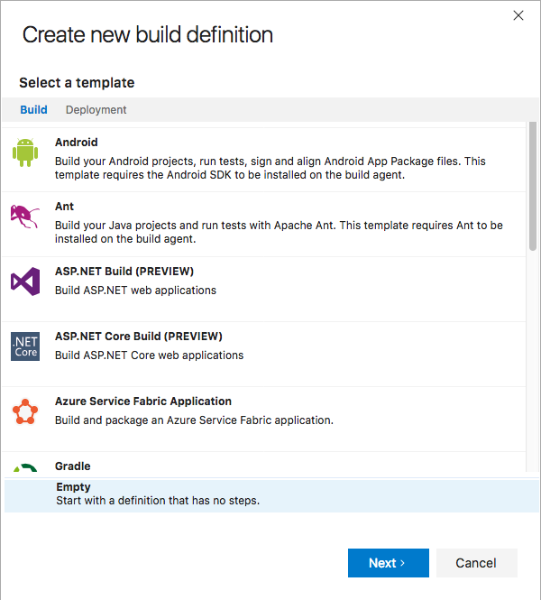 [Create new build definition]